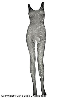 Elegantes Bodystocking, kleines Netz, Strasssteine, offener Schritt